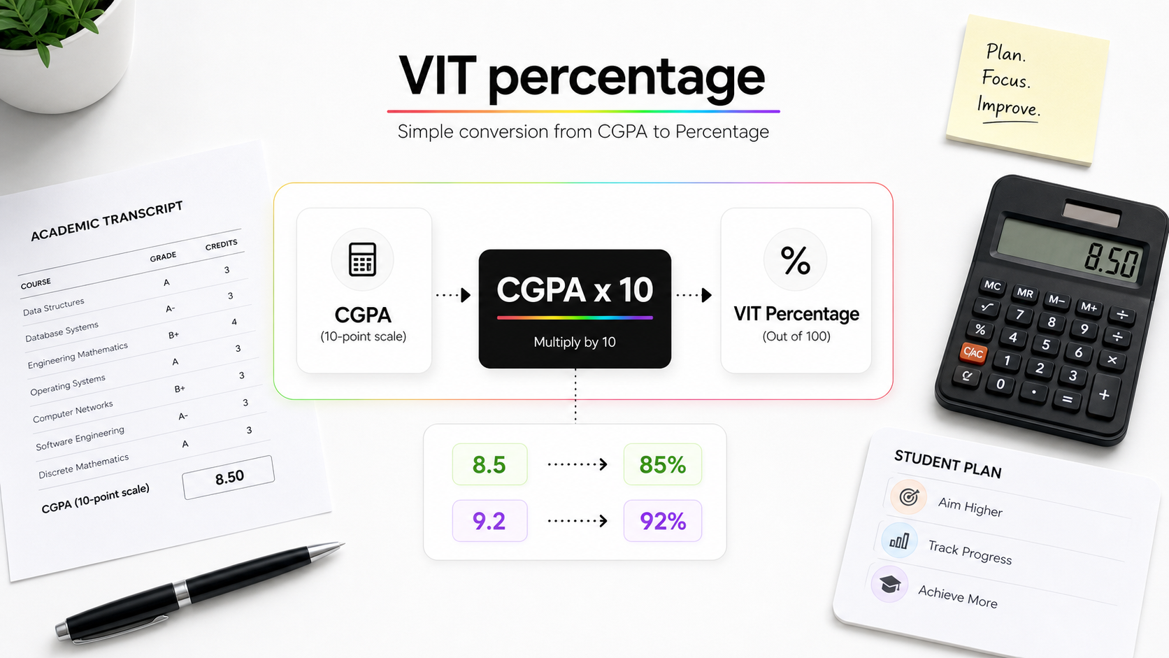 AI generated visual showing VIT CGPA to percentage conversion using CGPA times 10