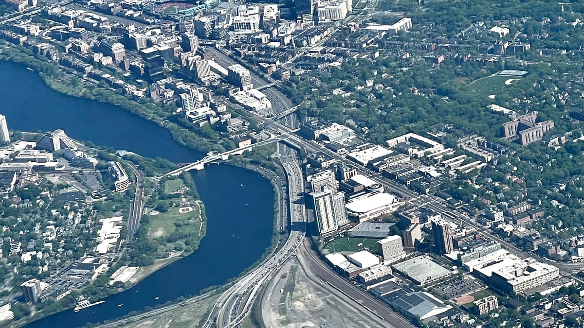 Aerial view of Boston University's Charles River Campus along Commonwealth Avenue